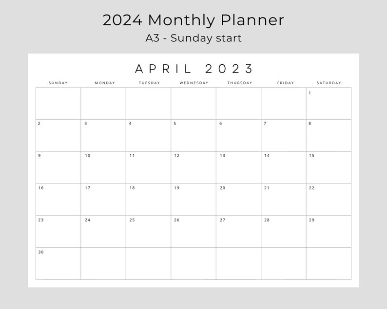2024 Monthly Calendar Landscape, 2024 Monthly Planner, A3 Size Sunday