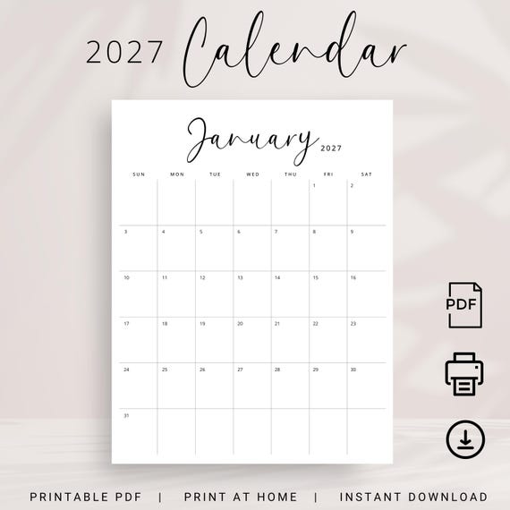 Printable 2027 Calendar 2027 Monthly Planner PDF Vertical Elegant Wall Calendar Sunday & Monday Start A4 US Letter Size Desk Calendar 2027