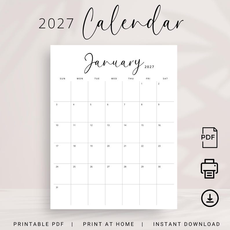 Printable 2027 Calendar 2027 Monthly Planner PDF Vertical Elegant Wall Calendar Sunday & Monday Start A4 US Letter Size Desk Calendar 2027