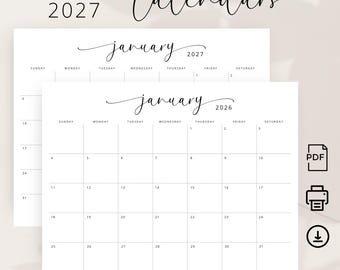 Kalender 2026-2027 2026 2027 Maandplanner Landschap Elegante Minimalistische Wandkalender Afdrukbare pdf A4 Letter-formaat Zondag en maandag Start