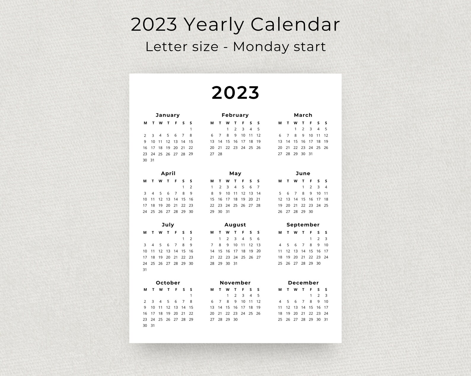 2023 Yearly Calendar Printable One Page Wall Calendar 2023 Year