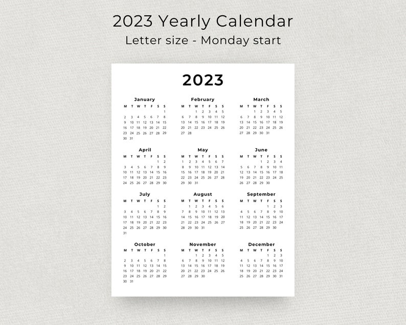 2023 Yearly Calendar Printable One Page Wall Calendar 2023 Year at a