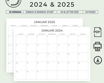 2024 2025 Kalender 2024 & 2025 Monatskalender Deutscher Kalender 2024 - 2025 DRUCKBARER Monatskalender Deutscher Monatsplaner Deutsch Deutschland