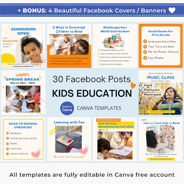 30 Kids Education Facebook Post Canva Templates Preschool & School Facebook Group Post Kindergarten Daycare After School Club Social Media