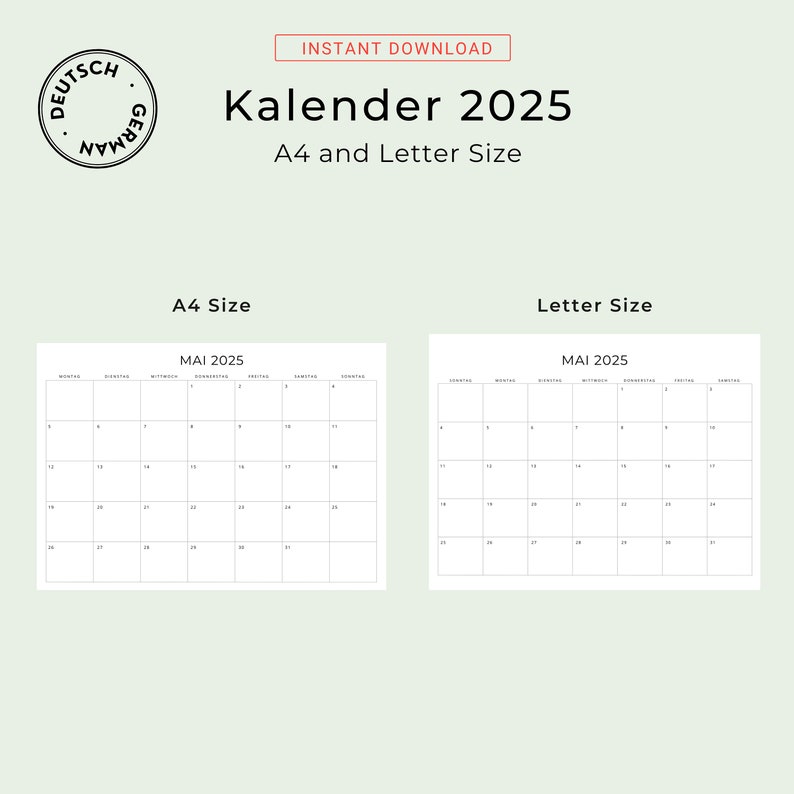 2025 Kalender 2025 Monatskalender German Calendar 2025 PRINTABLE Monthly Calendar in German 2025 Monthly Planner Minimal Germany A4 Letter