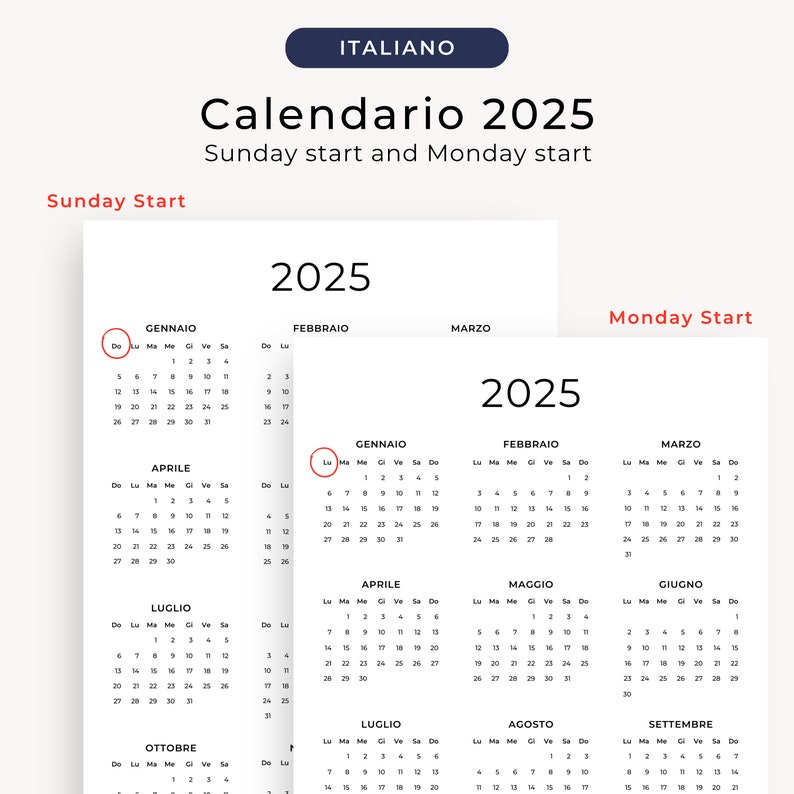 Calendario 2025 Calendario Annuale 2025 Calendario in Italiano 2025 PRINTABLE Italian Calendar