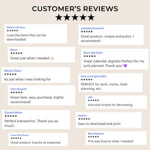 May include: A beige graphic with the text "CUSTOMER'S REVIEWS" and customer testimonials. Each review includes a customer's name, a star rating, and a short comment about the product.