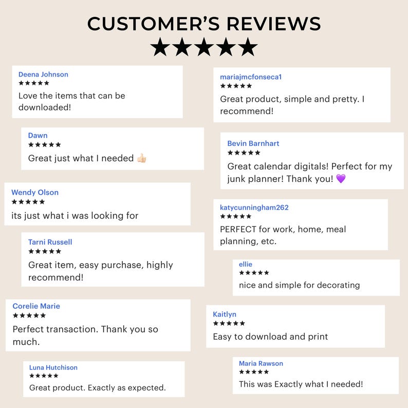 May include: A beige graphic with the text "CUSTOMER'S REVIEWS" and customer testimonials. Each review includes a customer's name, a star rating, and a short comment about the product.