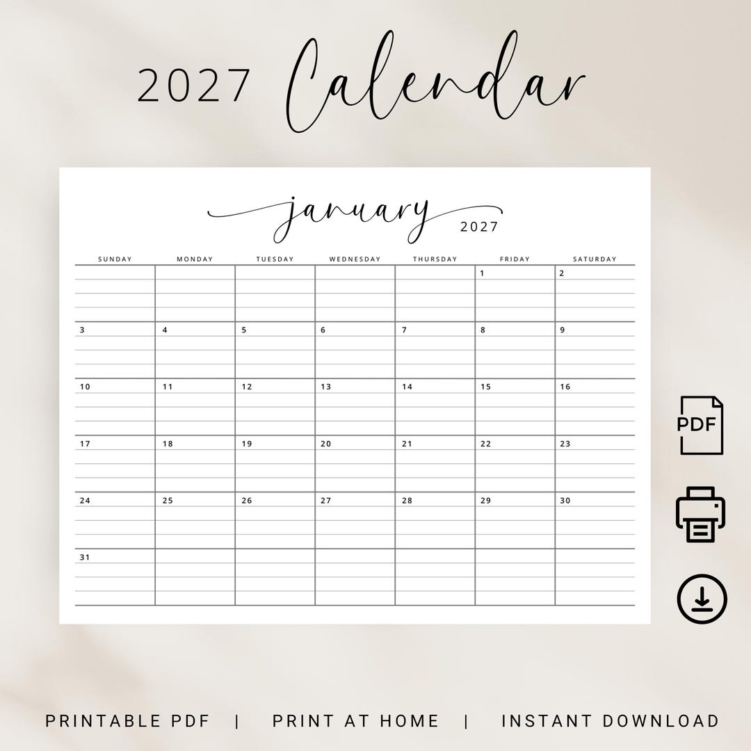 2027 Calendar With Lines 2027 Monthly Planner 2027 Lined Printable