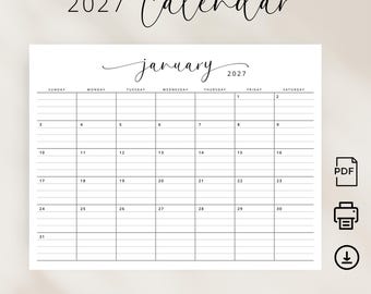 Calendario 2027 con líneas Planificador mensual 2027 Calendario imprimible rayado 2027 PDF Horizontal Agenda elegante de inicio de lunes y domingo A4 Carta