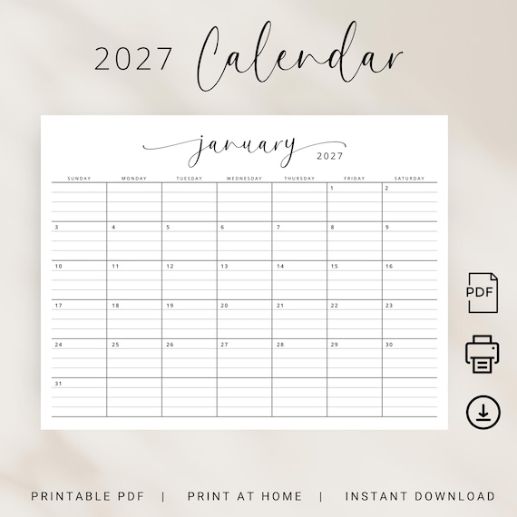 2027 Calendar With Lines 2027 Monthly Planner 2027 Lined Printable Calendar  PDF Landscape Elegant Monday & Sunday Start Agenda A4 Letter - Etsy New  Zealand