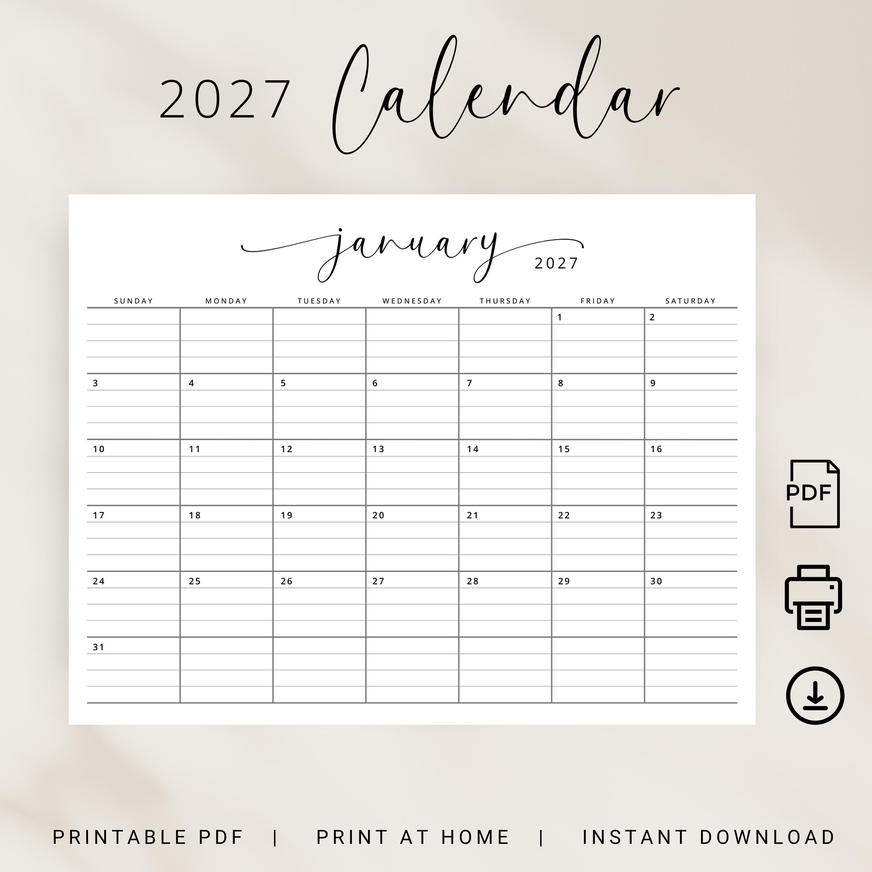 2027 Calendar With Lines 2027 Monthly Planner 2027 Lined Printable Calendar  PDF Landscape Elegant Monday & Sunday Start Agenda A4 Letter - Etsy