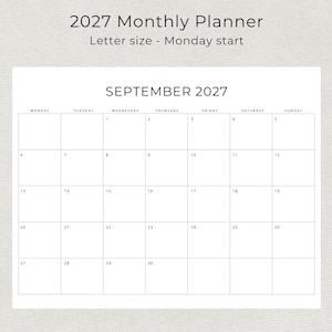 2027 Monthly Calendar 2027 Minimal Monthly Planner Landscape Sunday & Monday Start A4 and Letter Size 2027 Calendar Print At Home PDF