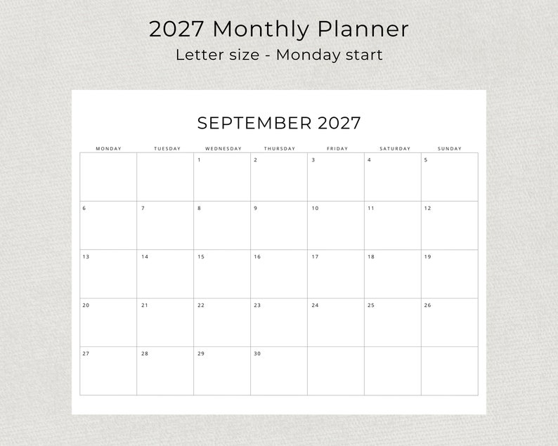2027 Monthly Calendar 2027 Minimal Monthly Planner Landscape Sunday & Monday Start A4 and Letter Size 2027 Calendar Print At Home PDF