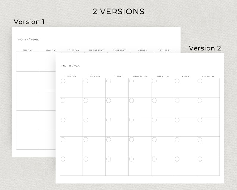 Blank Monthly Calendar Undated Monthly Planner Minimalist Blank Calendar Landscape Sunday Start Monday Start A4 Letter Size PRINTABLE PDF