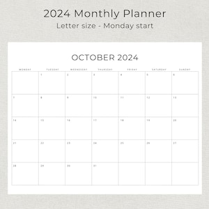 2024 Monthly Planner Landscape Sunday & Monday Start, 2024 Minimal Black and White Monthly Calendar, A4 and Letter Size, Print At Home PDF