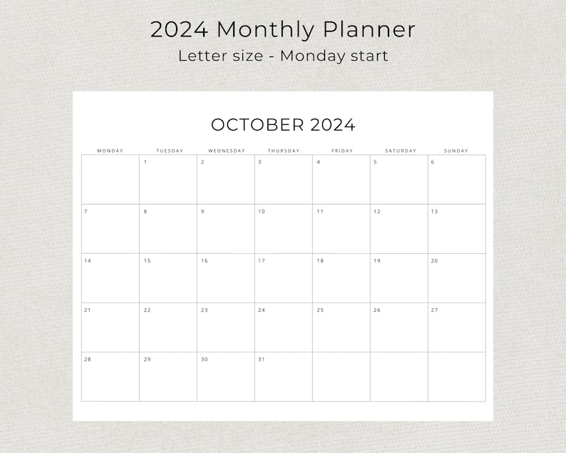2024 Monthly Planner Landscape Sunday & Monday Start, 2024 Minimal Black and White Monthly Calendar, A4 and Letter Size, Print At Home PDF