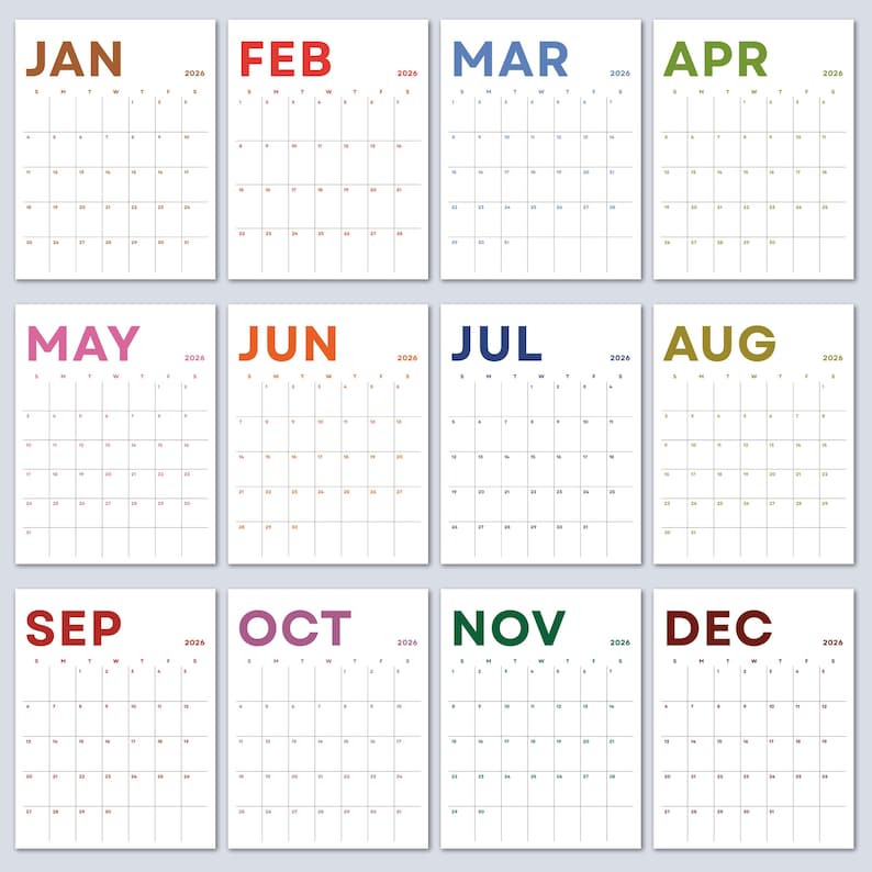 Minimalist 2026 Calendar 2026 Planner Portrait Printable PDF Wall Calendar Vertical Monthly Agenda A4 Letter Size Sunday & Monday Start