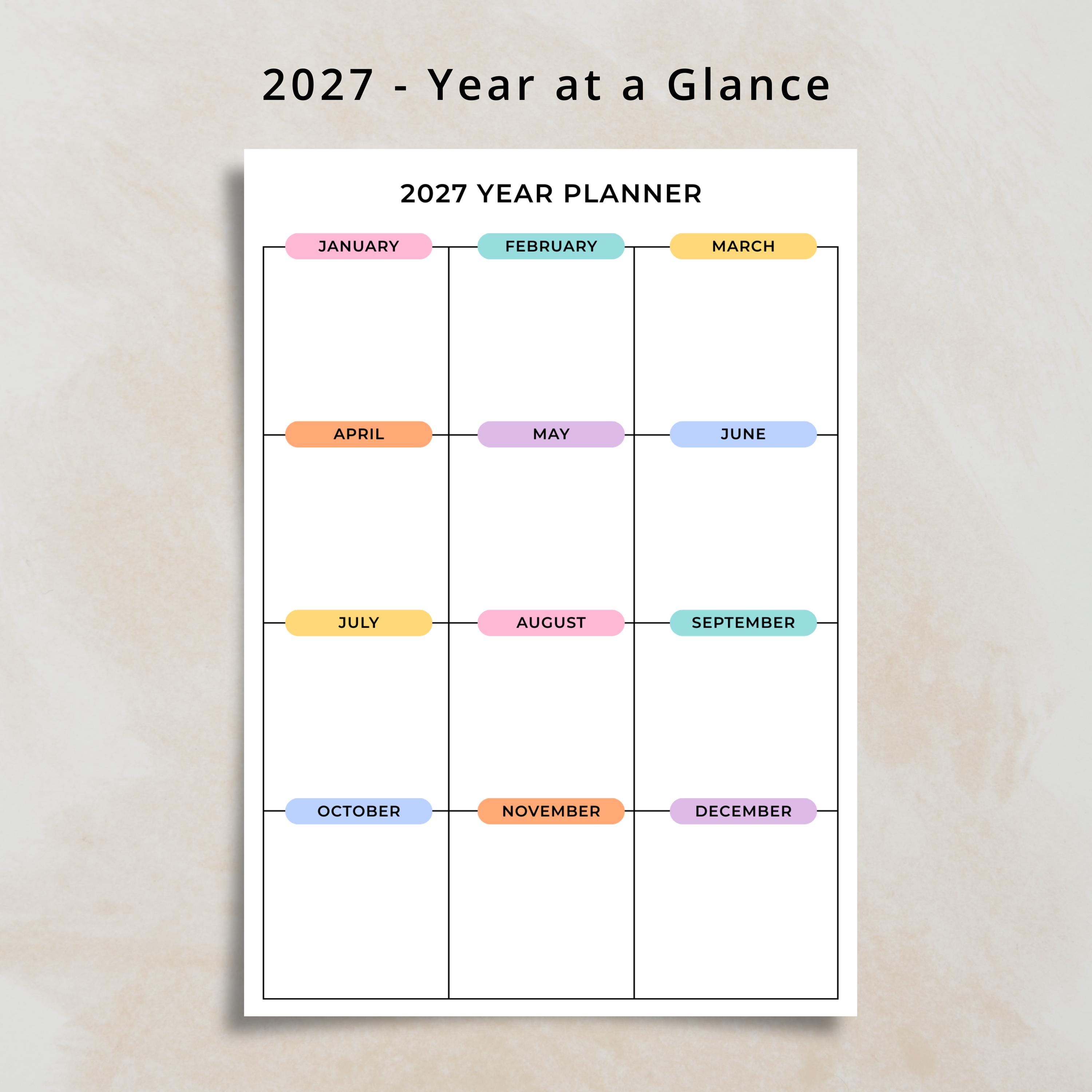2027 Year Planner Printable PDF 2027 Year at a Glance Wall Planner