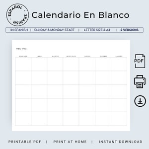 Calendario En Blanco Calendario En Blanco Calendario Mensual Sin Fecha Planificador Mensual Sin Fecha Calendario Mínimo Español A4 Carta PDF