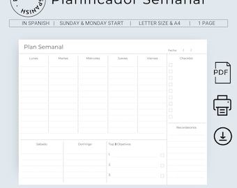 Spanish Planner Planificador Semanal Organizador Semanal Mi Semana Weekly Planner in Landscape Minimal Planner Undated A4 & Letter Size