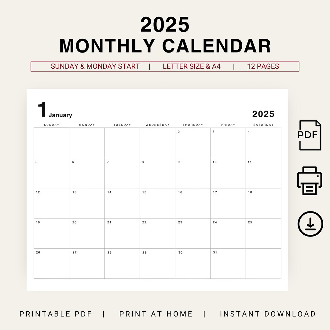 2025 Calendar 2025 Monthly Planner 2025 Minimal Calendar 2025 Landscape