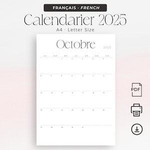 Calendrier Mensuel 2025 Calendrier Français Imprimable Planificateur 2025 Monthly Planner Calendar in French 2025 Desk Calendar PDF Portrait