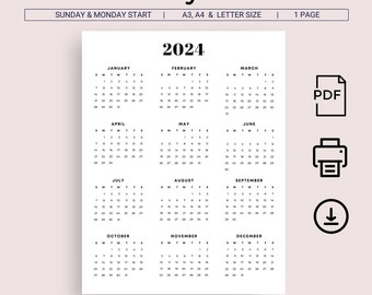 Calendario 2024 Calendario da parete 2024 Calendario annuale 2024 stampabile Calendario anno 2024 Calendario minimalista A3 A4 Lettera Lunedì e domenica Inizio