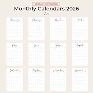 Printable 2026 Calendar 2026 Monthly Planner PDF Vertical Elegant Wall Calendar Sunday & Monday Start 2025 A4 Letter Size Desk Calendar 2026