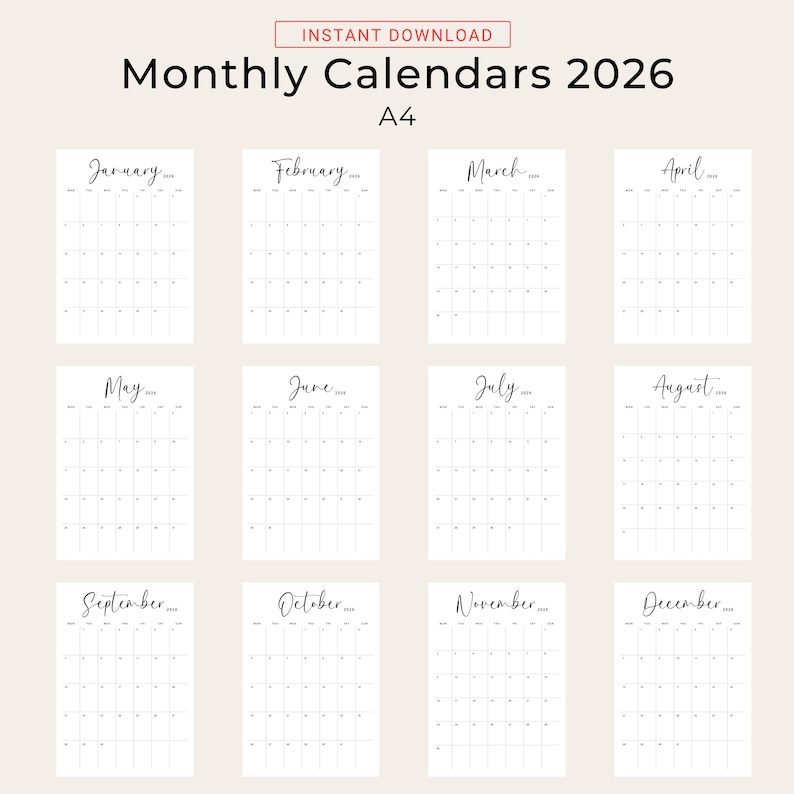 Printable 2026 Calendar 2026 Monthly Planner PDF Vertical Elegant Wall Calendar Sunday & Monday Start 2025 A4 Letter Size Desk Calendar 2026