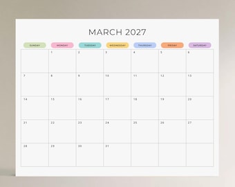 2027 Monthly Calendar PRINTABLE PDF 2027 Monthly Planner Landscape 2027 Calendar Minimalist Color A4 Letter Size Sunday Start Monday Start