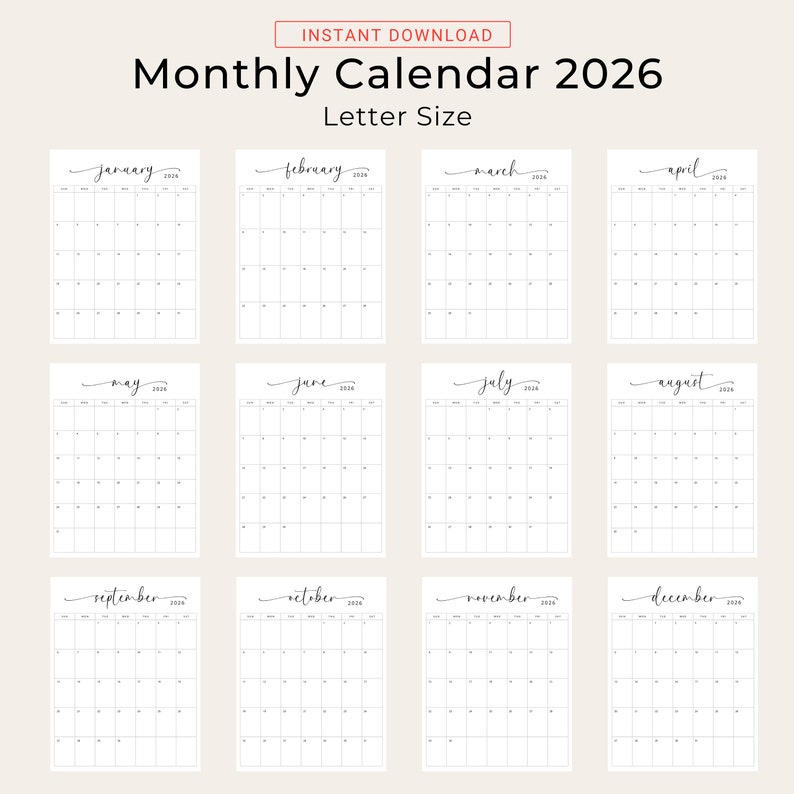 2026 Calendar 2026 Monthly Planner Vertical 2026 Elegant Monthly Calendar Portrait A4 Letter Size Printable Calendar Sunday & Monday Start