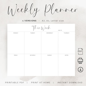 Printable Weekly Planner Minimalist Weekly Planner Landscape Undated Planner Blank Planner Horizontal Weekly Schedule A3 A4 Letter Size PDF