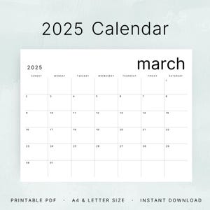 Planificador mensual horizontal 2025 Inicio en domingo y lunes Calendario mensual minimalista 2025 Tamaño carta A4 Calendario de pared 2025 imprimible en formato PDF