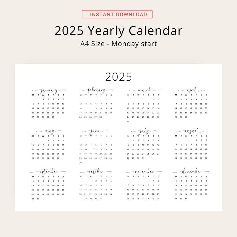 2025 Year Calendar 2025 Wall Calendar Landscape PRINTABLE PDF 2025