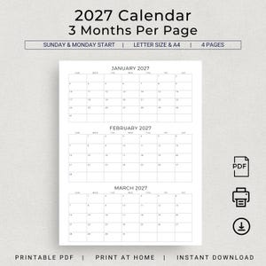 May include: A printable 2027 calendar, showing three months per page. The calendar includes January, February, and March. Available in letter size and A4 format, with a Sunday and Monday start. The text "2027 Calendar" is at the top of the page.