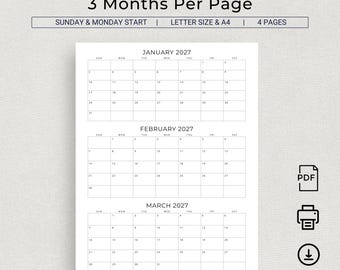 Calendario 2027 Calendario 2027 3 mesi per pagina Agenda mensile stampabile Agenda trimestrale per ufficio Agenda da scrivania 2027 Calendario da parete A4 Lettera USA