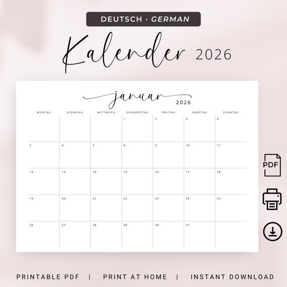 Kalender 2026 Kalender Deutsch Instant Download Printable 2026 Calendar in German PDF 2026 Desk Planner German A3 A4 Germany Wall Calendar