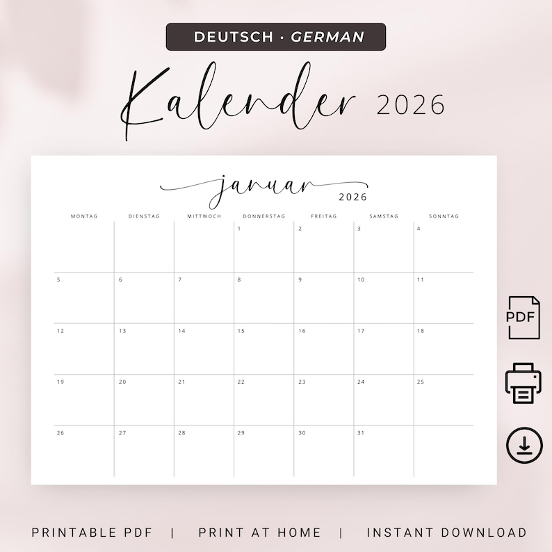 Kalender 2026 Kalender Deutsch Instant Download Printable 2026 Calendar in German PDF 2026 Desk Planner German A3 A4 Germany Wall Calendar