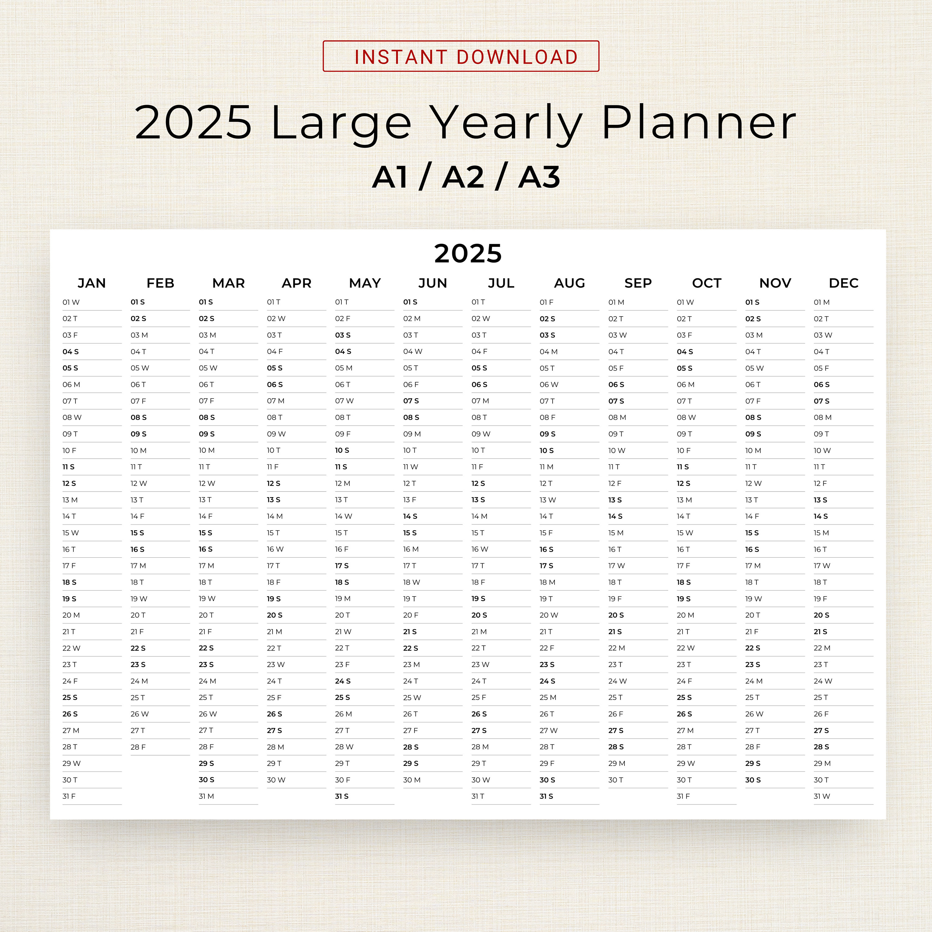 2025 Wall Planner 2025 Large Yearly Planner Printable Landscape 2025