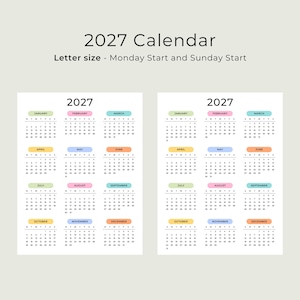 2027 Yearly Calendar 2027 Wall Calendar Printable 2027 Calendar Portrait A3 A4 US Letter Color Desk Planner 2027 PDF Sunday & Monday Start