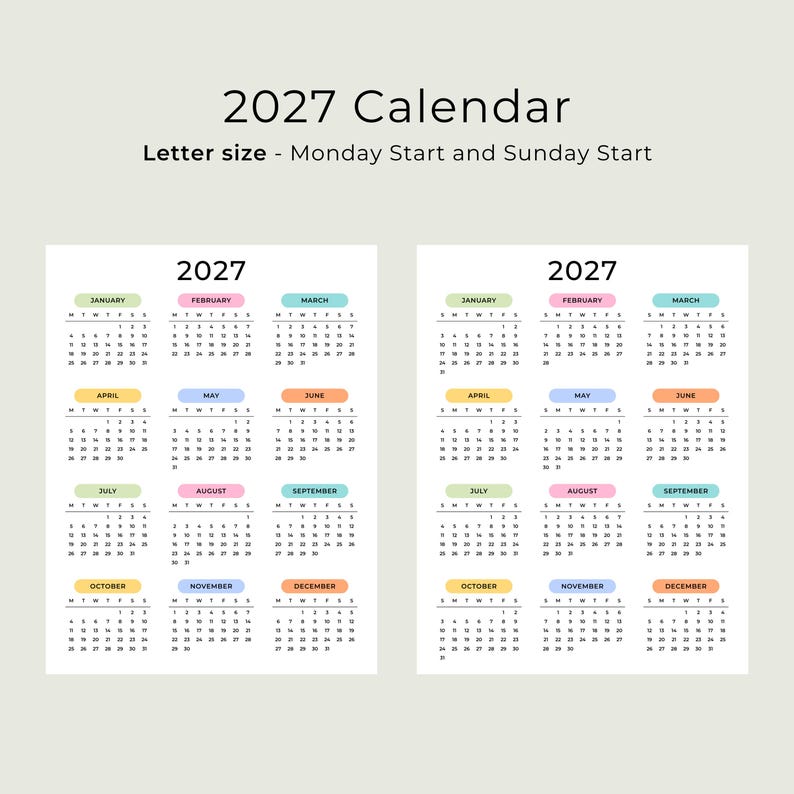 2027 Yearly Calendar 2027 Wall Calendar Printable 2027 Calendar Portrait A3 A4 US Letter Color Desk Planner 2027 PDF Sunday & Monday Start