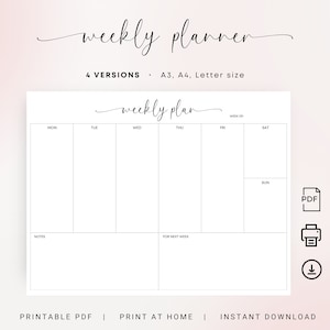 Weekly Planner Printable Minimalist Planner Landscape Elegant Undated Planner Weekly Notes Weekly To Do Planner A3 A4 Letter Weekly Schedule