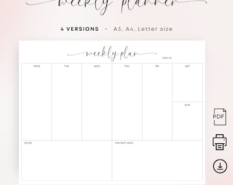 Weekly Planner Printable Minimalist Planner Landscape Elegant Undated Planner Weekly Notes Weekly To Do Planner A3 A4 Letter Weekly Schedule