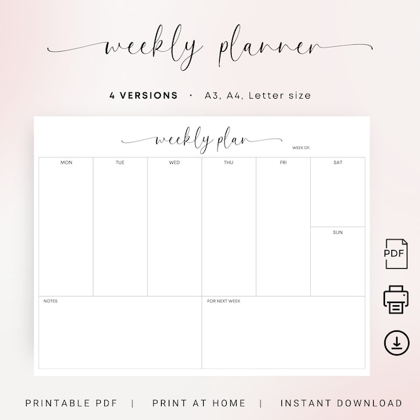 Weekly Planner Printable Minimalist Planner Landscape Elegant Undated Planner Weekly Notes Weekly To Do Planner A3 A4 Letter Weekly Schedule