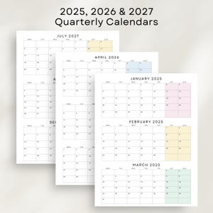 Calendario imprimible de 3 años 2025-2027, planificador trimestral en PDF con 3 meses por página, calendario mensual 2025, 2026 y 2027, tamaño A4, carta estadounidense, minimalista, pastel.