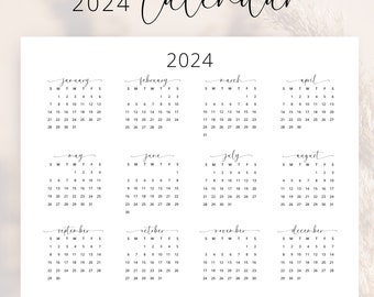 Kalender 2024. Kalender 2024 zum Ausdrucken. Jahreskalender 2024 im Querformat. Eleganter Kalender PDF 2024, horizontal, A3, A4, Buchstabe Montag und Sonntag