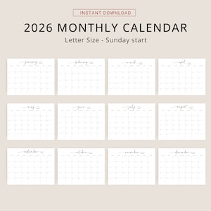 2026 Calendar 2026 Monthly Planner Landscape Elegant Monthly Calendar Sunday Start Monday Start 2026 Wall Calendar Monthly PRINTABLE PDF