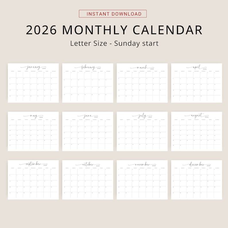 2026 Calendar 2026 Monthly Planner Landscape Elegant Monthly Calendar