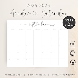 Academic Planner 2025 2026 Monthly Calendar September 2025 to August 2026 School Calendar PRINTABLE PDF Landscape Elegant Back to School